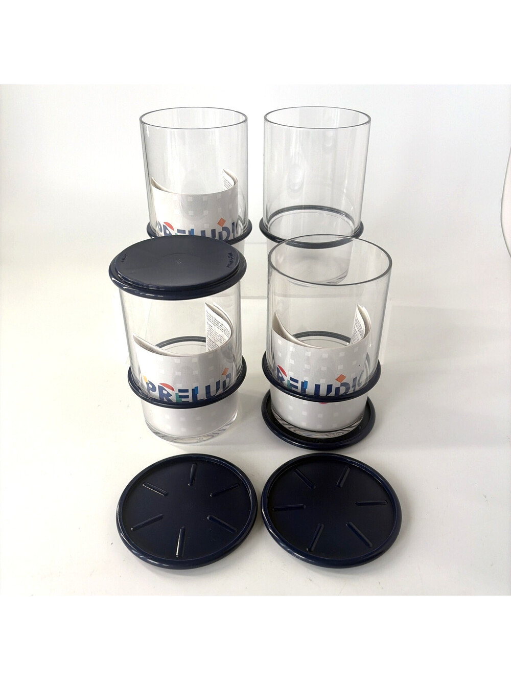 Tupperware Preludio Acrylic Tumblers Set of 4 Clear w/ Blue Lids Coasters NOS